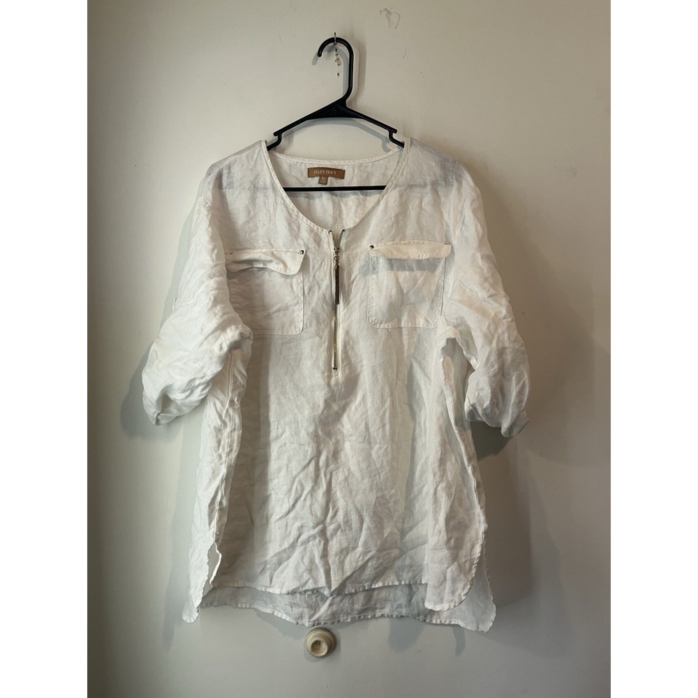 ellen tracy womens shirt size L 100% linen‎ roll-tab sleeve popover